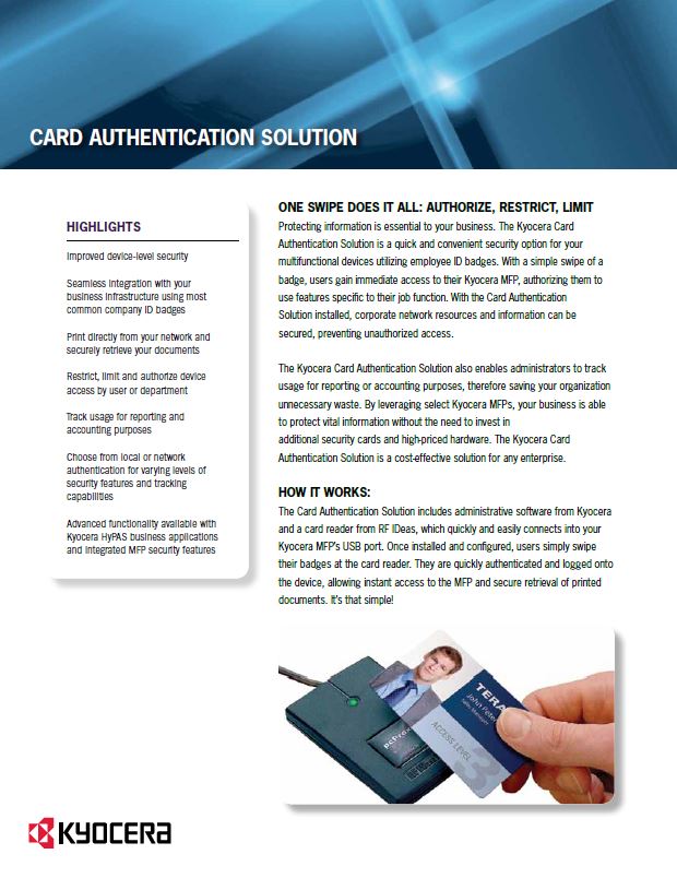 Kyocera Software Cost Control And Security Card Authentication Data Sheet Thumb, Bauernfeind Business Technologies, Wisconsin, WI, Kyocera, KIP, FP, Konica Minolta, MBM, Dealer, Copier, Printer, MFP